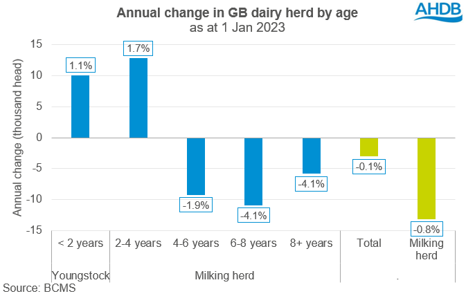 Chart showing annual change in GB dairy herd age